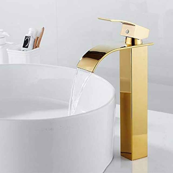 Waterfall Bathroom Sink Mixer Faucet Tall Short, Mono Wash Basin Single Handle Basin Taps, Washroom with Hot and Cold Hose Monobloc Vessel Water Brass Tap Deck Mounted Golden Black