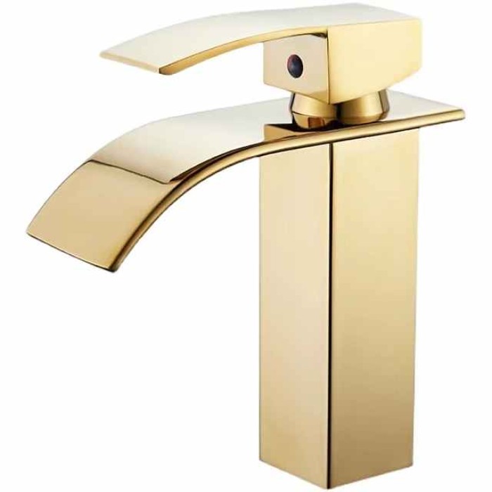 Waterfall Bathroom Sink Mixer Faucet Tall Short, Mono Wash Basin Single Handle Basin Taps, Washroom with Hot and Cold Hose Monobloc Vessel Water Brass Tap Deck Mounted Golden Black