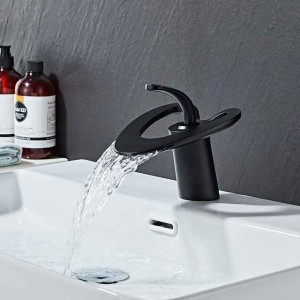 Waterfall Bathroom Sink Mixer Faucet Deck Mounted, Mono Washroom Basin Taps Single Handle Monobloc Vessel Water Brass Tap with Hot and Cold Hose