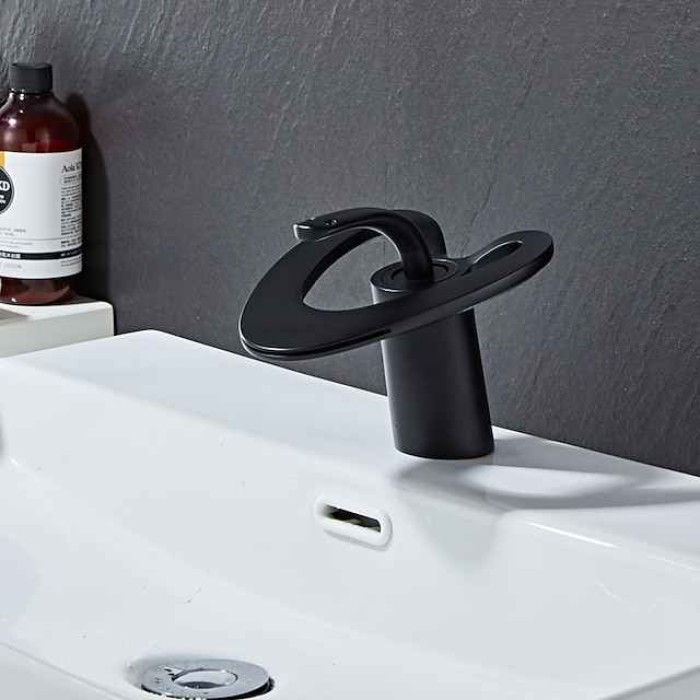 Waterfall Bathroom Sink Mixer Faucet Deck Mounted, Mono Washroom Basin Taps Single Handle Monobloc Vessel Water Brass Tap with Hot and Cold Hose