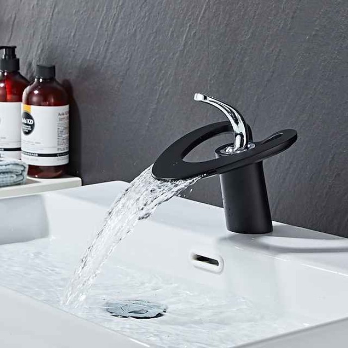 Waterfall Bathroom Sink Mixer Faucet Deck Mounted, Mono Washroom Basin Taps Single Handle Monobloc Vessel Water Brass Tap with Hot and Cold Hose