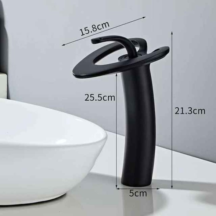 Waterfall Bathroom Sink Mixer Faucet Deck Mounted, Mono Washroom Basin Taps Single Handle Monobloc Vessel Water Brass Tap with Hot and Cold Hose