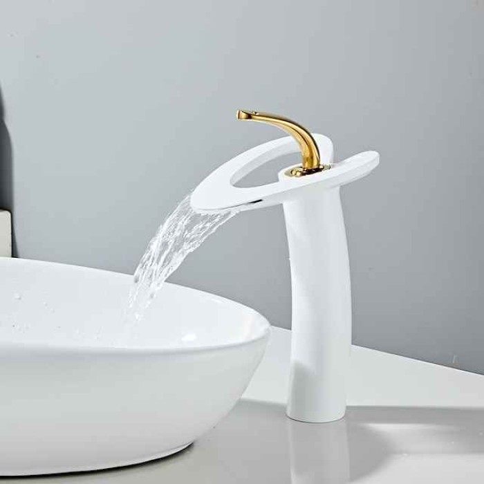 Waterfall Bathroom Sink Mixer Faucet Deck Mounted, Mono Washroom Basin Taps Single Handle Monobloc Vessel Water Brass Tap with Hot and Cold Hose