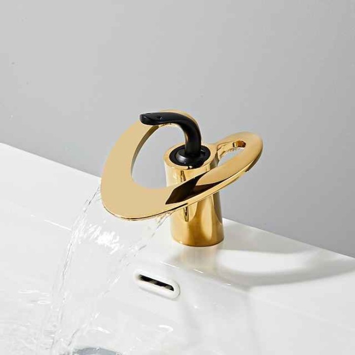 Waterfall Bathroom Sink Mixer Faucet Deck Mounted, Mono Washroom Basin Taps Single Handle Monobloc Vessel Water Brass Tap with Hot and Cold Hose