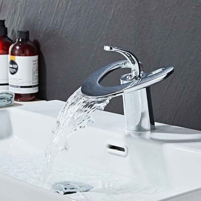 Waterfall Bathroom Sink Mixer Faucet Deck Mounted, Mono Washroom Basin Taps Single Handle Monobloc Vessel Water Brass Tap with Hot and Cold Hose