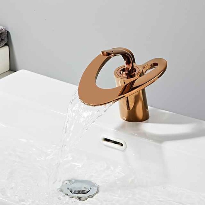 Waterfall Bathroom Sink Mixer Faucet Deck Mounted, Mono Washroom Basin Taps Single Handle Monobloc Vessel Water Brass Tap with Hot and Cold Hose