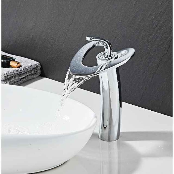 Waterfall Bathroom Sink Mixer Faucet Deck Mounted, Mono Washroom Basin Taps Single Handle Monobloc Vessel Water Brass Tap with Hot and Cold Hose