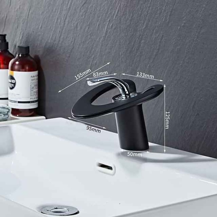 Waterfall Bathroom Sink Mixer Faucet Deck Mounted, Mono Washroom Basin Taps Single Handle Monobloc Vessel Water Brass Tap with Hot and Cold Hose