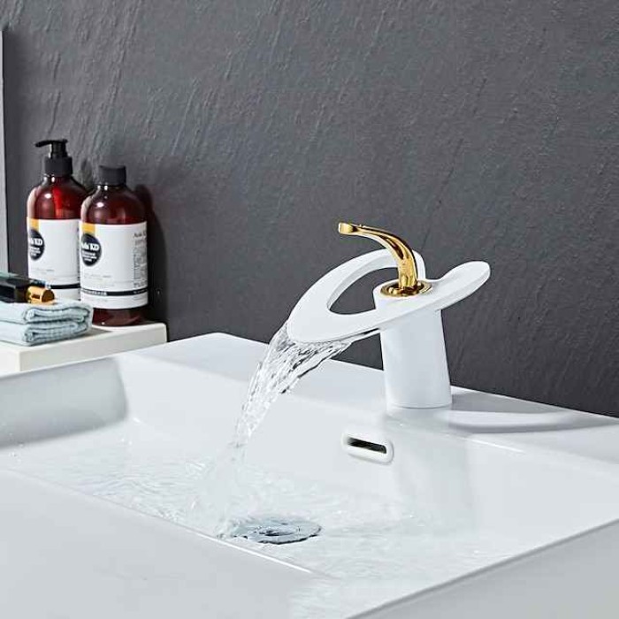 Waterfall Bathroom Sink Mixer Faucet Deck Mounted, Mono Washroom Basin Taps Single Handle Monobloc Vessel Water Brass Tap with Hot and Cold Hose