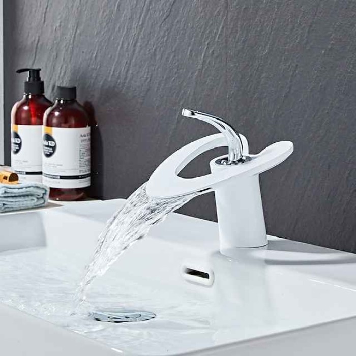 Waterfall Bathroom Sink Mixer Faucet Deck Mounted, Mono Washroom Basin Taps Single Handle Monobloc Vessel Water Brass Tap with Hot and Cold Hose