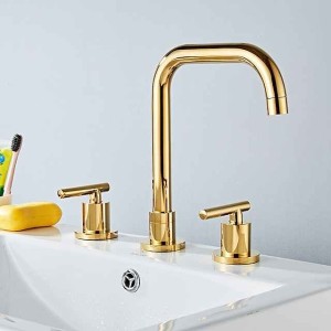 Widespread Bathroom Sink Mixer Faucet Deck Mounted, 360 Swivel Brass 3 Hole 2 Handle Basin Tap, Washroom Basin Vessel Water Tap with Hot and Cold Water Hose