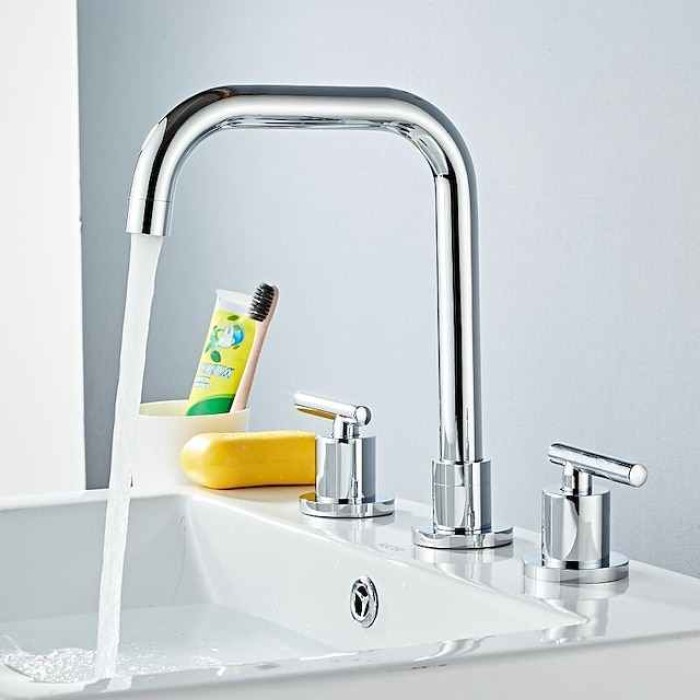 Widespread Bathroom Sink Mixer Faucet Deck Mounted, 360 Swivel Brass 3 Hole 2 Handle Basin Tap, Washroom Basin Vessel Water Tap with Hot and Cold Water Hose