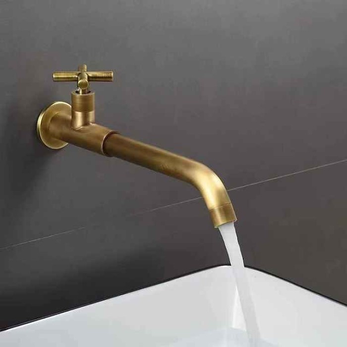 Wall Mounted Bathroom Sink Faucet Cold Water Only, Basin Taps Vintage Brass Single Handles One 3 Hole Washroom Wash Baxin Tap