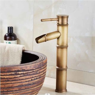 Vintage Bathroom Sink Mixer Faucet Bamboo Shape, Retro Style Monobloc Washroom Basin Taps, Antique Brass Single Handle One Hole Deck Mounted with Hot and Cold Water Hose