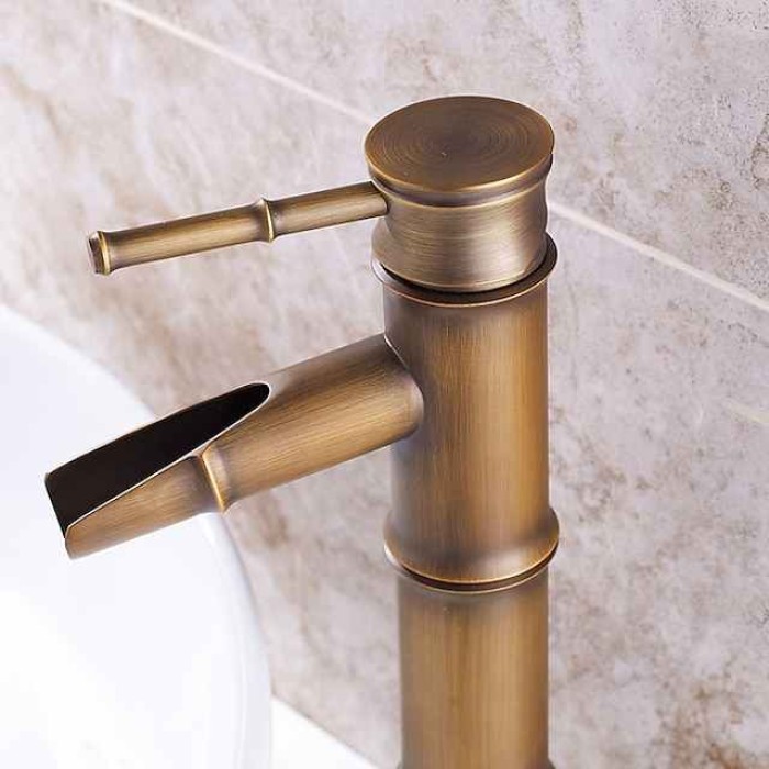 Vintage Bathroom Sink Mixer Faucet Bamboo Shape, Retro Style Monobloc Washroom Basin Taps, Antique Brass Single Handle One Hole Deck Mounted with Hot and Cold Water Hose