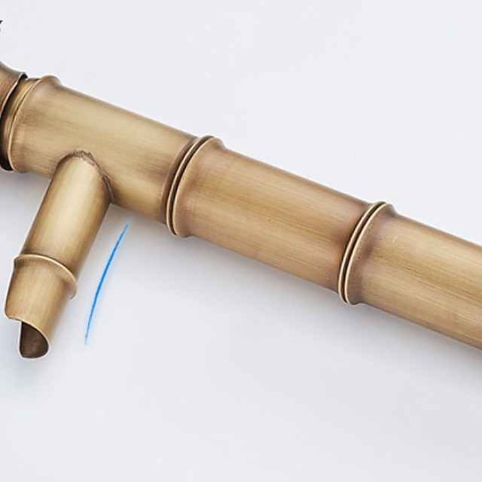 Vintage Bathroom Sink Mixer Faucet Bamboo Shape, Retro Style Monobloc Washroom Basin Taps, Antique Brass Single Handle One Hole Deck Mounted with Hot and Cold Water Hose