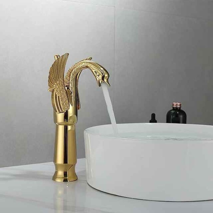 Vintage Bathroom Sink Mixer Faucet Brass Swan Shap, Monobloc Washroom Basin Taps Single Handle One Hole Deck Mounted, Mono Water Vessel Tap Hot and Cold Hose Antique Retro