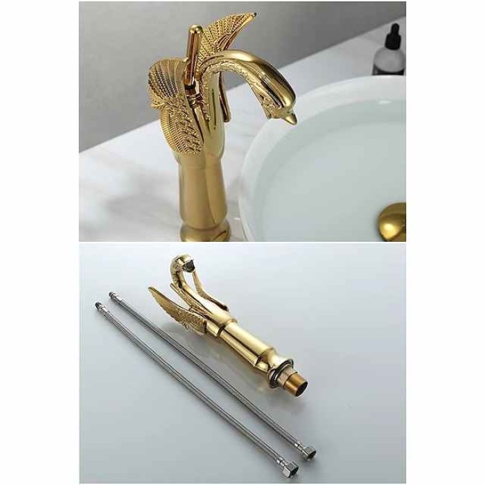 Vintage Bathroom Sink Mixer Faucet Brass Swan Shap, Monobloc Washroom Basin Taps Single Handle One Hole Deck Mounted, Mono Water Vessel Tap Hot and Cold Hose Antique Retro