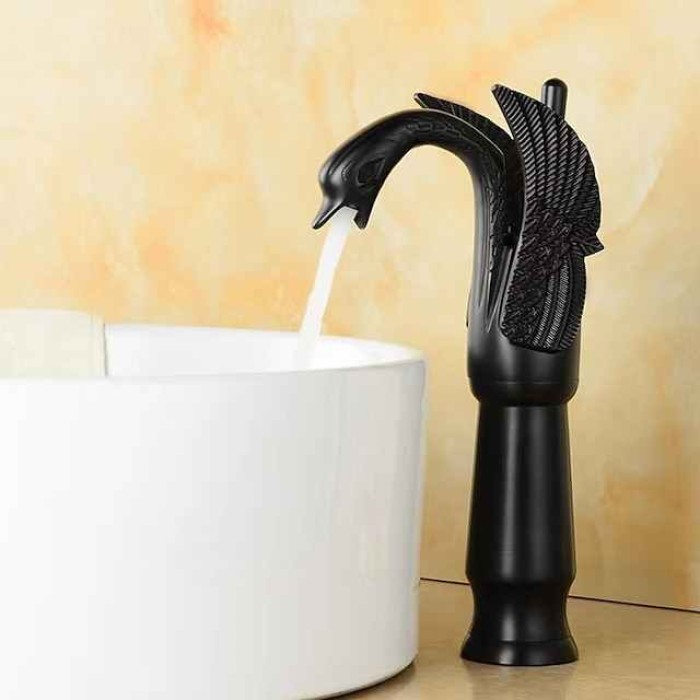 Vintage Bathroom Sink Mixer Faucet Brass Swan Shap, Monobloc Washroom Basin Taps Single Handle One Hole Deck Mounted, Mono Water Vessel Tap Hot and Cold Hose Antique Retro