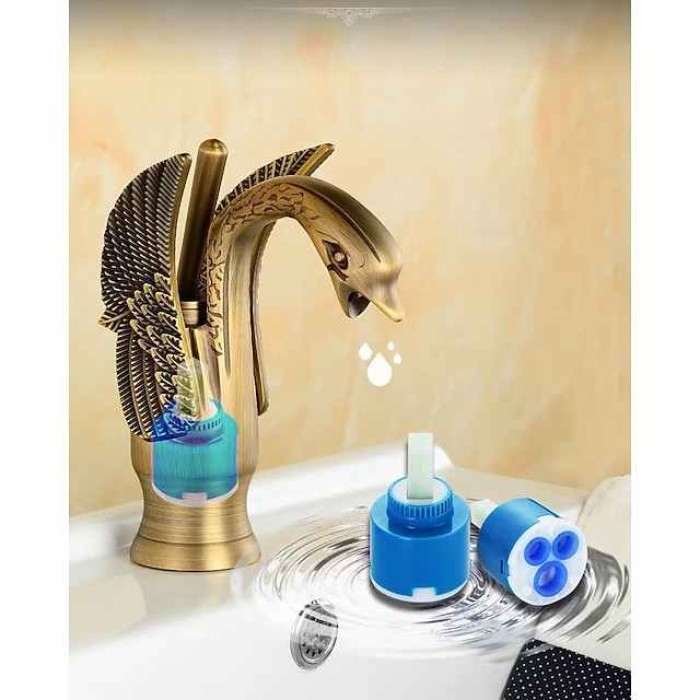 Vintage Bathroom Sink Mixer Faucet Brass Swan Shap, Monobloc Washroom Basin Taps Single Handle One Hole Deck Mounted, Mono Water Vessel Tap Hot and Cold Hose Antique Retro