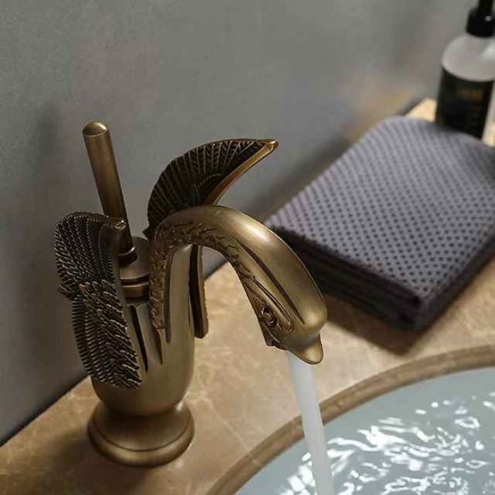 Vintage Bathroom Sink Mixer Faucet Brass Swan Shap, Monobloc Washroom Basin Taps Single Handle One Hole Deck Mounted, Mono Water Vessel Tap Hot and Cold Hose Antique Retro