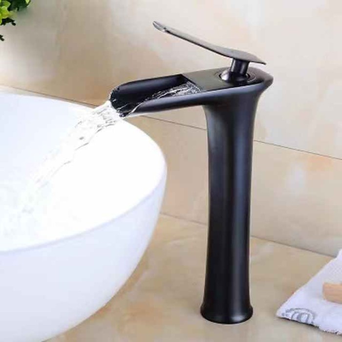 Waterfall Bathroom Sink Mixer Faucet Tall, Mono Wash Basin Single Handle Basin Taps Washroom with Hot and Cold Hose Monobloc Vessel Water Brass Tap Deck Mounted