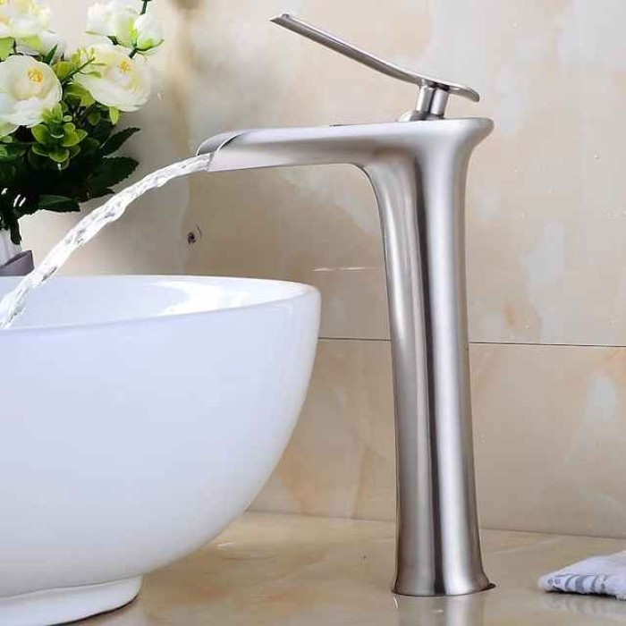 Waterfall Bathroom Sink Mixer Faucet Tall, Mono Wash Basin Single Handle Basin Taps Washroom with Hot and Cold Hose Monobloc Vessel Water Brass Tap Deck Mounted