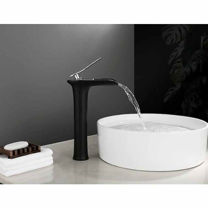 Waterfall Bathroom Sink Mixer Faucet Tall, Mono Wash Basin Single Handle Basin Taps Washroom with Hot and Cold Hose Monobloc Vessel Water Brass Tap Deck Mounted