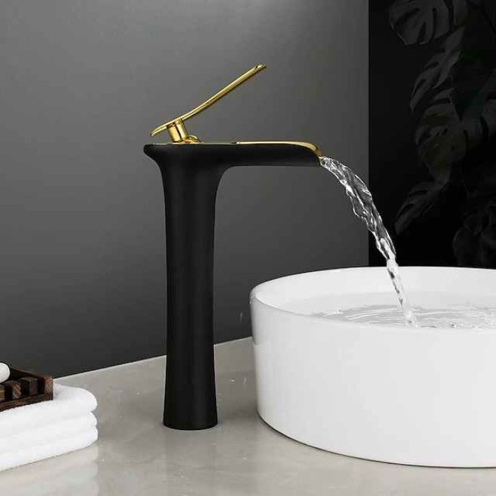 Waterfall Bathroom Sink Mixer Faucet Tall, Mono Wash Basin Single Handle Basin Taps Washroom with Hot and Cold Hose Monobloc Vessel Water Brass Tap Deck Mounted