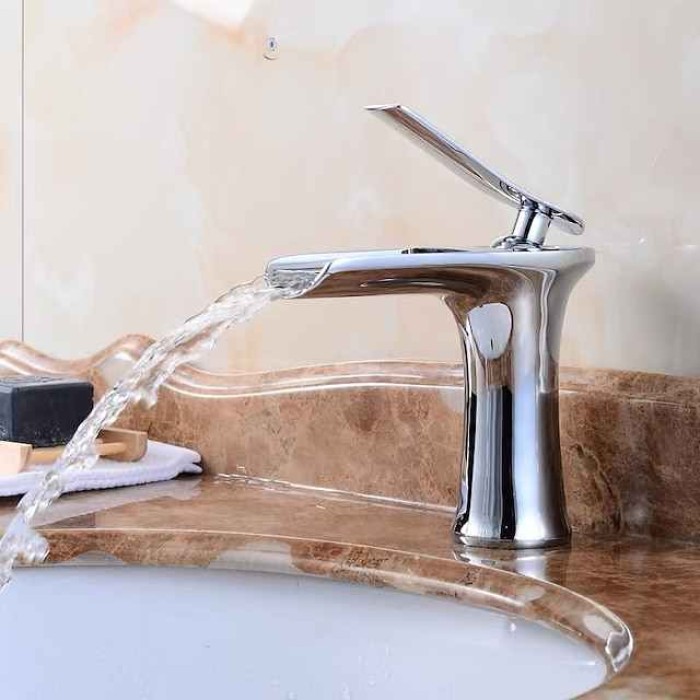 Waterfall Bathroom Sink Mixer Faucet 4.7" Spout, Mono Wash Basin Single Handle Basin Taps Washroom with Hot and Cold Hose, Monobloc Vessel Water Brass Tap Deck Mounted