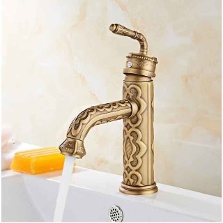 Vintage Bathroom Sink Mixer Faucet, 360 Swivel Spout Retro Monobloc Washroom Basin Taps, Antique Water Tap Single Handle One Hole Deck Mounted with Hot and Cold Hose