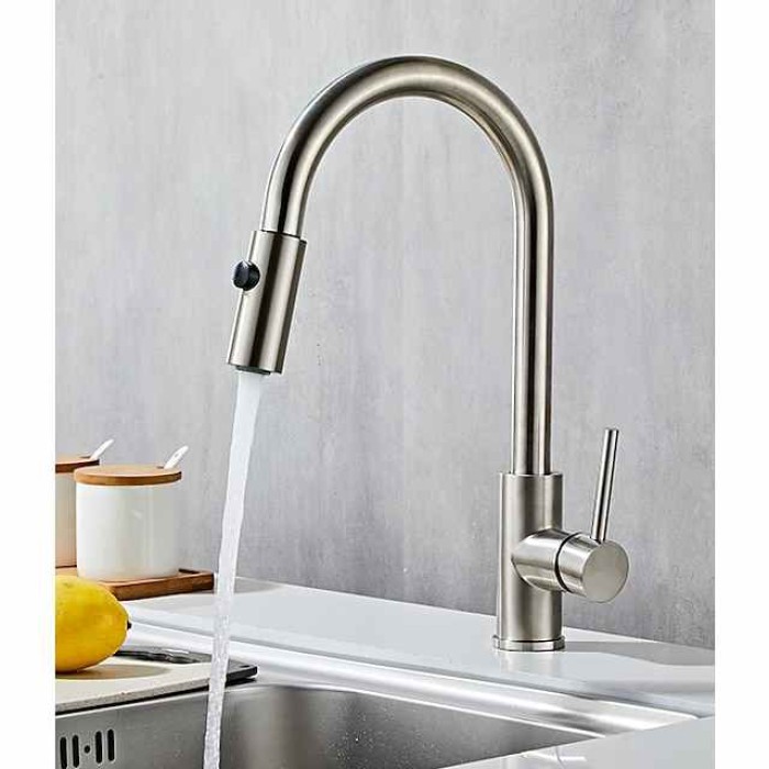 Stainless Steel Kitchen Sink Mixer Faucet with Pull Out Sprayer Grey, 360 Swivel Single Handle High Arc Spring Kitchen Taps Deck Mounted, Single Hole Kitchen Sink Faucet Water Vessel Taps