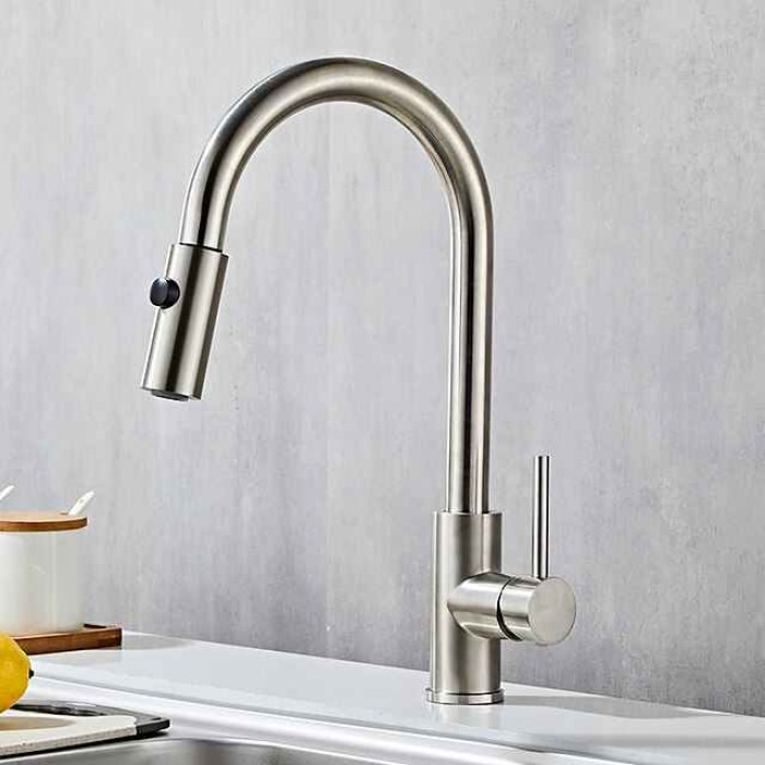 Stainless Steel Kitchen Sink Mixer Faucet with Pull Out Sprayer Grey, 360 Swivel Single Handle High Arc Spring Kitchen Taps Deck Mounted, Single Hole Kitchen Sink Faucet Water Vessel Taps