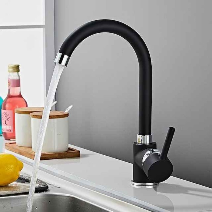 Kitchen Sink Mixer Faucet 360 Swivel, Single Handle Kitchen Taps Deck Mounted, One Hole Brass Kitchen Sink Faucet Water Vessel Taps with Hot Cold Hose Chrome Black Rose Golden