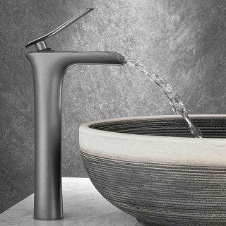 Waterfall Bathroom Sink Mixer Faucet Tall, Mono Wash Basin Single Handle Basin Taps Washroom with Hot and Cold Hose Monobloc Vessel Water Brass Tap Deck Mounted Grey Black Golden