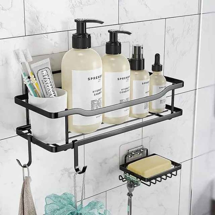 Shower Storage, 2pcs Adhesive Shower Rack, Shower Shelf, No Drilling Rustproof Stainless Steel Shower Organizer For Inside Shower & Kitchen Storage (Matte Black)