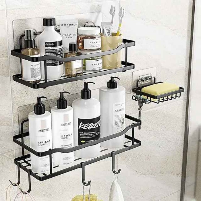 Shower Storage, 2pcs Adhesive Shower Rack, Shower Shelf, No Drilling Rustproof Stainless Steel Shower Organizer For Inside Shower & Kitchen Storage (Matte Black)