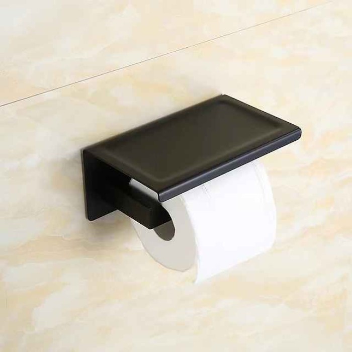 Toilet Paper Holder Wall Mounted Bathroom Tissue Roll Hanger Stainless Steel with Mobile Phone Storage Shelf Matte Black 1pc