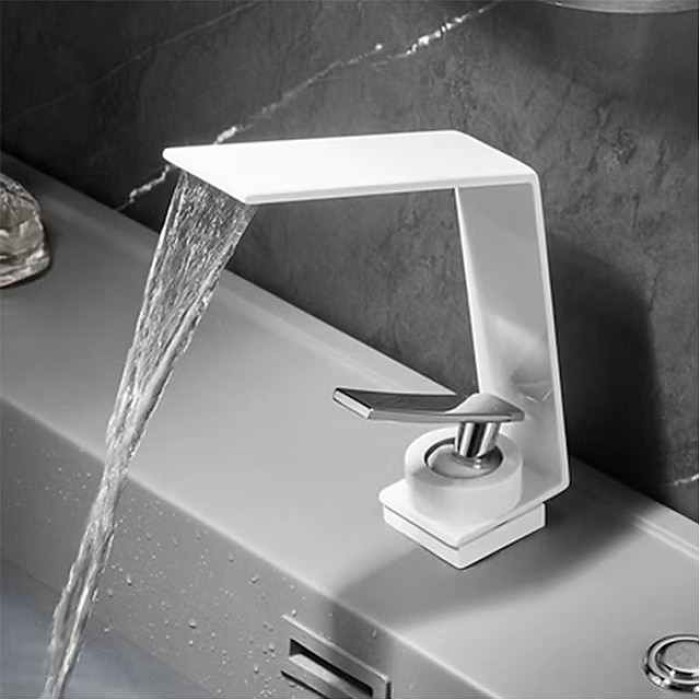 Waterfall Bathroom Sink Mixer Faucet, Basin Taps Mono Wash Basin Single Handle Washroom Tap with Hot and Cold Hose, Monobloc Vessel Water Brass Tap Deck Mounted