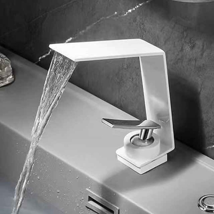 Waterfall Bathroom Sink Mixer Faucet, Basin Taps Mono Wash Basin Single Handle Washroom Tap with Hot and Cold Hose, Monobloc Vessel Water Brass Tap Deck Mounted