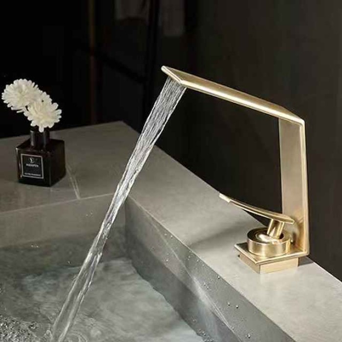 Waterfall Bathroom Sink Mixer Faucet, Basin Taps Mono Wash Basin Single Handle Washroom Tap with Hot and Cold Hose, Monobloc Vessel Water Brass Tap Deck Mounted