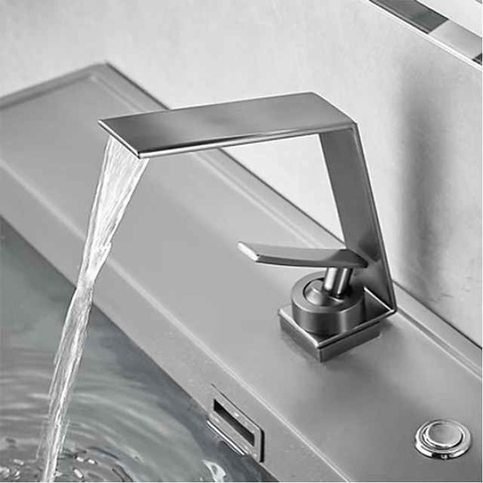 Waterfall Bathroom Sink Mixer Faucet, Basin Taps Mono Wash Basin Single Handle Washroom Tap with Hot and Cold Hose, Monobloc Vessel Water Brass Tap Deck Mounted