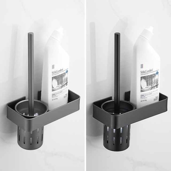 Toilet Brush with Holder Shelf Set, Space Aluminum Black Toilet Brush, for Toilets Organization Hotel Home Use Bathroom Storage