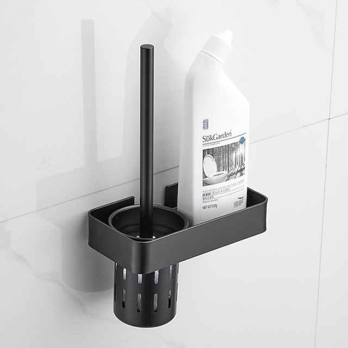 Toilet Brush with Holder Shelf Set, Space Aluminum Black Toilet Brush, for Toilets Organization Hotel Home Use Bathroom Storage