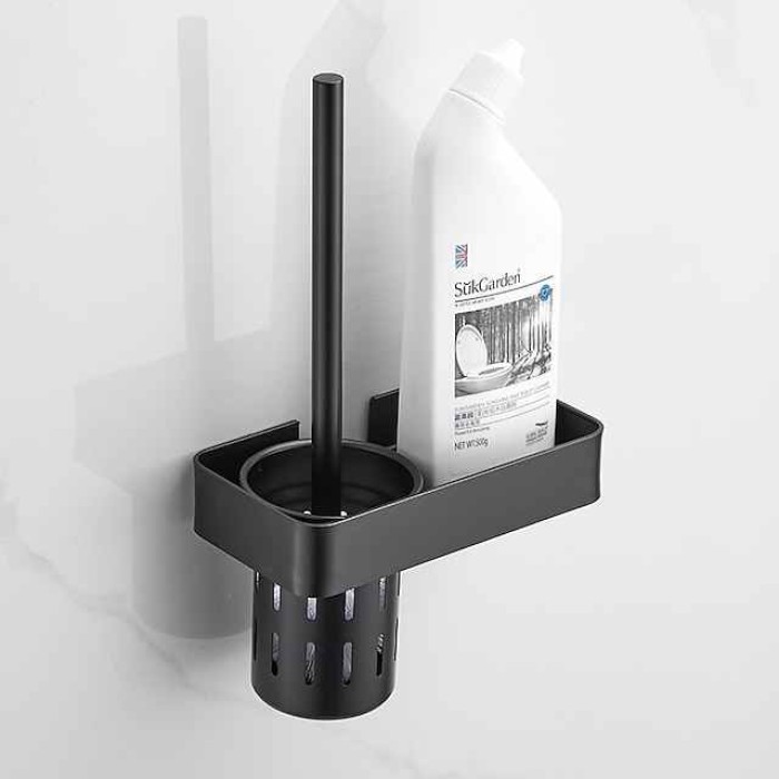 Toilet Brush with Holder Shelf Set, Space Aluminum Black Toilet Brush, for Toilets Organization Hotel Home Use Bathroom Storage