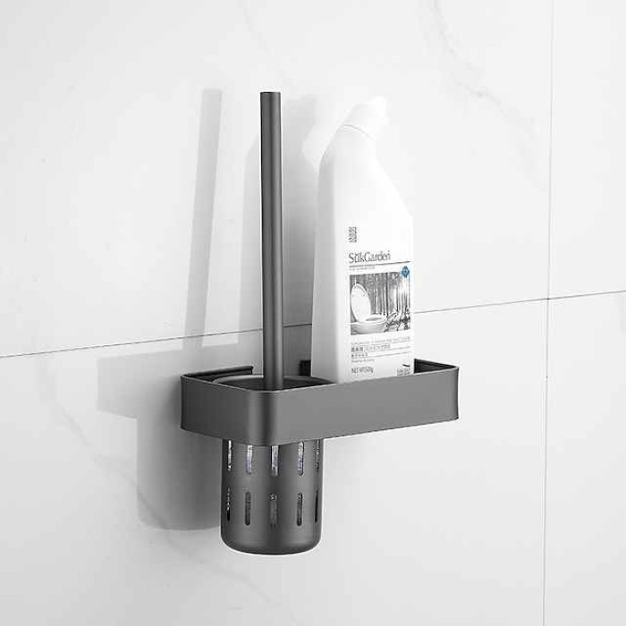 Toilet Brush with Holder Shelf Set, Space Aluminum Black Toilet Brush, for Toilets Organization Hotel Home Use Bathroom Storage