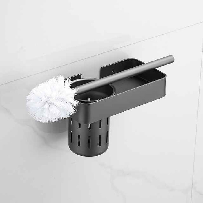 Toilet Brush with Holder Shelf Set, Space Aluminum Black Toilet Brush, for Toilets Organization Hotel Home Use Bathroom Storage