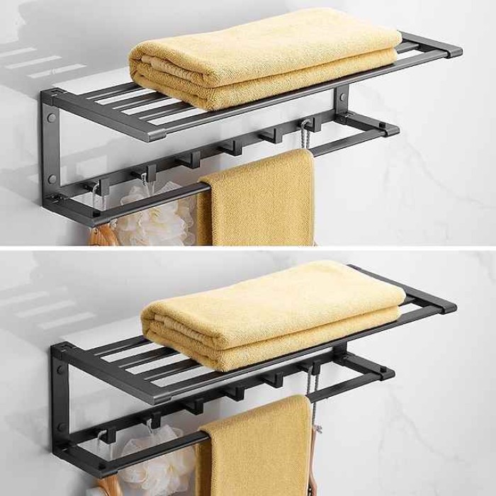 Towel Rack with Towel Bar Holder Aluminum Foldable Towel Shelf with Movable Hooks Rustproof Towel Storage Wall Mount for Bathroom Lavatory Gray/Matte Black