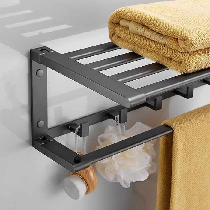 Towel Rack with Towel Bar Holder Aluminum Foldable Towel Shelf with Movable Hooks Rustproof Towel Storage Wall Mount for Bathroom Lavatory Gray/Matte Black