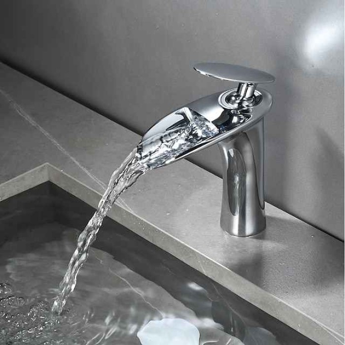 Waterfall Bathroom Sink Mixer Faucet, Mono Wash Basin Single Handle Basin Taps with Hot and Cold Hose Monobloc Vessel Water Brass Tap Deck Mounted